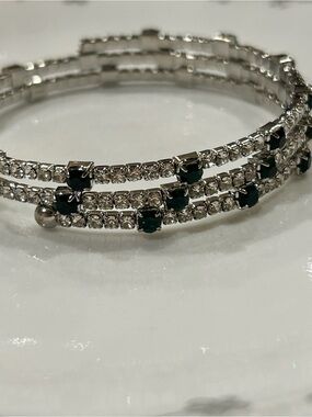 Silver-Tone Triple Row Bracelet with dark Emerald Green Stones